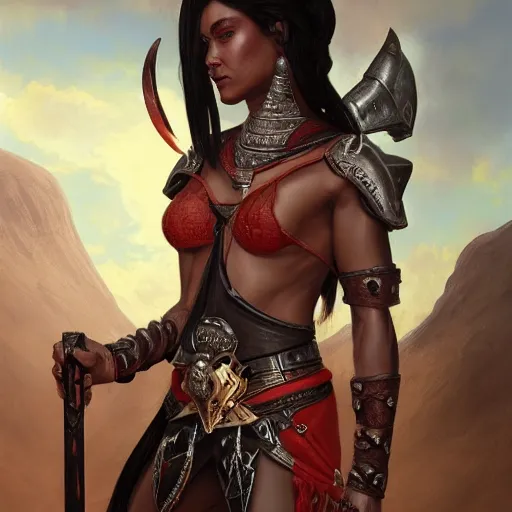 Prompt: portrait of a female berber tiefling, red skin, straight horns, black hair in a ponytail, steel armor, greatsword, in a desert, strong, fierce, elegant, fantasy, highly detailed, digital painting, artstation, concept art, character art, art by greg rutkowski and tyler jacobson and alphonse mucha