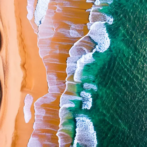 Prompt: aerial drone photograph of a beautiful beach in western Australia, red!! sand, golden hour, high quality, award winning, Canon EOS R3, f/1.4, ISO 200, 1/160s, 8K, RAW, unedited, symmetrical balance, in-frame