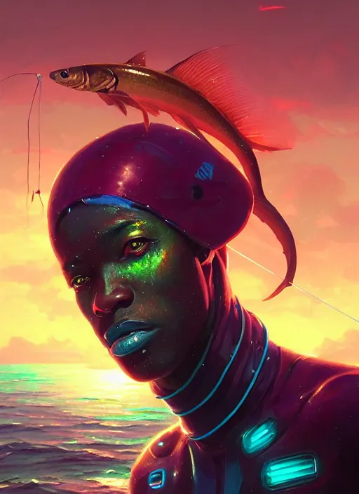 Image similar to portrait of a jamaican fisherman sci - fi glowing fishing armor jamaican colors muscular cyberpunk intricate elegant highly detailed digital painting artstation concept art, ocean fish background, greg rutkowski, loish, rhads, ferdinand knab, makoto shinkai and lois van baarle, ilya kuvshinov, rossdraws, tom bagshaw