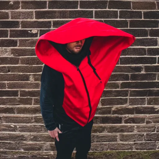 Prompt: man holding a red flow hood,