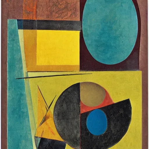 Image similar to an artwork by max ernst and kurt schwitters, mix of geometric and organic shapes, both bright and earth colors