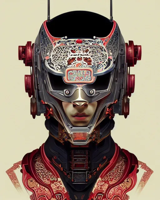 Image similar to portrait of a masculine male cyberpunk machine, machine face, upper half portrait, decorated with chinese opera motifs, asian, fine china, wuxia, traditional chinese art, intricate, elegant, highly detailed, symmetry, headpiece, digital painting, artstation concept art smooth sharp focus, illustration, art by artgerm and greg rutkowski alphonse mucha 8 k