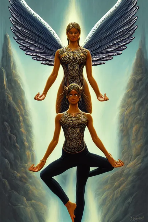 Image similar to angel doing yoga in temple, angel is t - shirt with metal band logo, fantasy, intricate, elegant, highly detailed, digital painting, artstation, concept art, matte, sharp focus art by boris vallejo, smooth, sharp focus, illustration