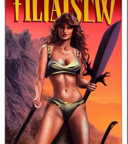 Image similar to 1 9 8 0 s fantasy novel book cover, amazonian taylor swift in extremely tight bikini armor wielding a cartoonishly large sword, exaggerated body features, dark and smoky background, low quality print
