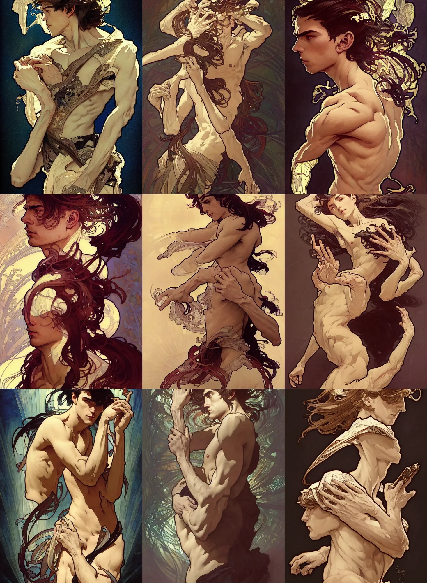 Prompt: deco art by artgerm and greg rutkowski and alphonse mucha. clear portrait of a lonely attractive men, hyper detailed, character concept, full body!! dynamic pose, glowing lights!! intricate, elegant, highly detailed, digital painting, artstation, concept art, smooth, sharp focus, illustration, art by artgerm and greg rutkowski and alphonse mucha