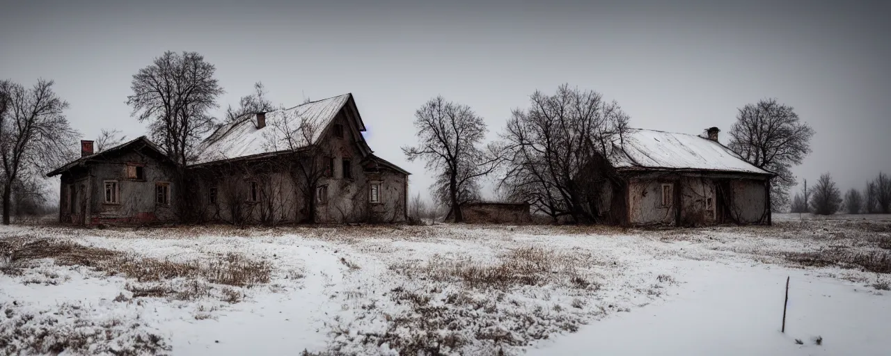 Image similar to landscape, soviet farmhouse, abandoned, lifeless, winter, atmospheric, mystical, very detailed 4 k