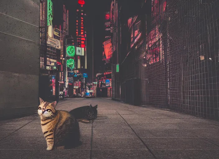 Image similar to photography of a Cat sitting on a box. in a cyberpunk street, award winning photo, led lighting, night, 24mm, sharp, high res