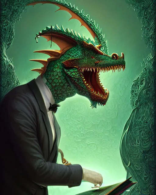 Image similar to anthropomorphic art of a businessman dragon, green dragon, portrait, victorian inspired clothing by artgerm, victo ngai, ryohei hase, artstation. fractal papers and books. highly detailed digital painting, smooth, global illumination, fantasy art by greg rutkowsky, karl spitzweg