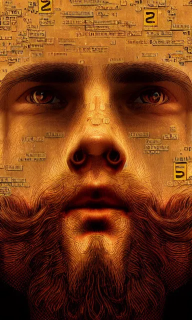 Image similar to cinematic dramatic movie poster of a short beard hypnotist, made of binary numbers and programming code, by peter gric, very artistic, artstation