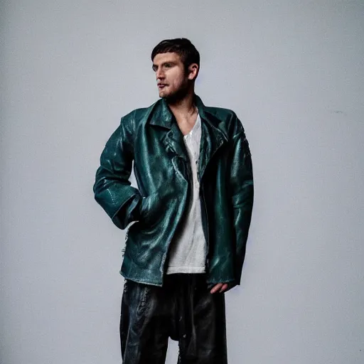 Prompt: a closeup photo of a male model wearing a baggy teal distressed medieval leather menswear jacket by boris bidjan saberi, 4 k, studio lighting, wide angle lens