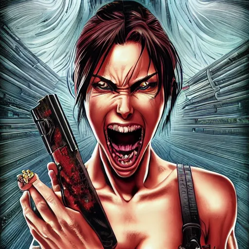 Image similar to portrait closeup of crazy screaming lara croft, symmetrical, cinematic colors, by yoichi hatakenaka, masamune shirow, josan gonzales and dan mumford, ayami kojima, takato yamamoto, barclay shaw, karol bak, yukito kishiro