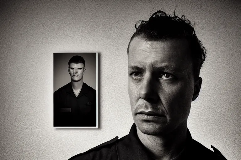 Prompt: an ultra realistic, cinematic headshot portrait of a prison guard, sat in an office, deep focus, dreamy, dramatic lighting, by hendrik kerstens and paolo roversi