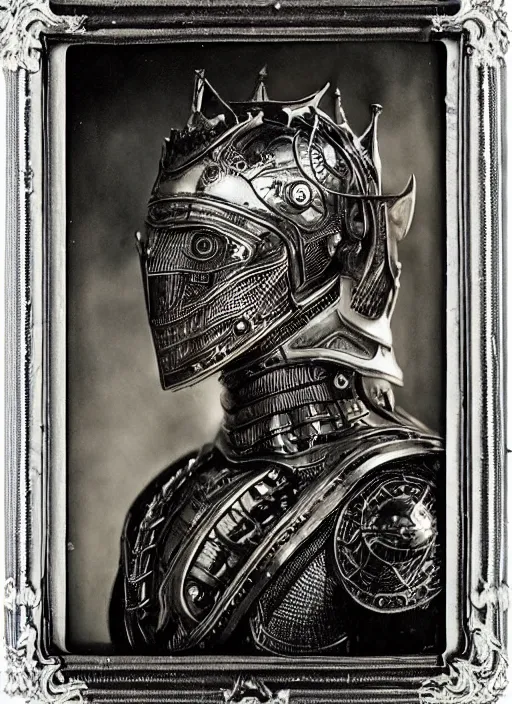 Image similar to old wetplate daguerreotype frame portrait of a futuristic silver armored king arthur emperor district 9 cyborg, fractal, intricate, elegant, highly detailed, subsurface scattering, by jheronimus bosch and greg rutkowski and louis jacques mande daguerre