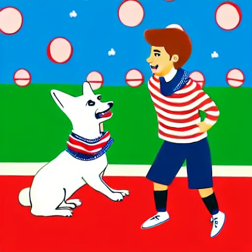 Image similar to illustration of french boy in paris playing football against a corgi who is wearing a polka dot scarf