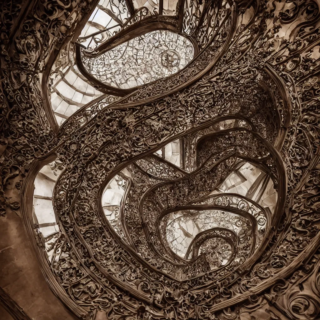 Prompt: , pareidolia. grand spiral stairs going down deep in the dark, with many doors ad ornamented widows, architecture by antoni gaudi, dramatic volumetric, cinematic light, cinematic photography, hyperrealist, high detailed