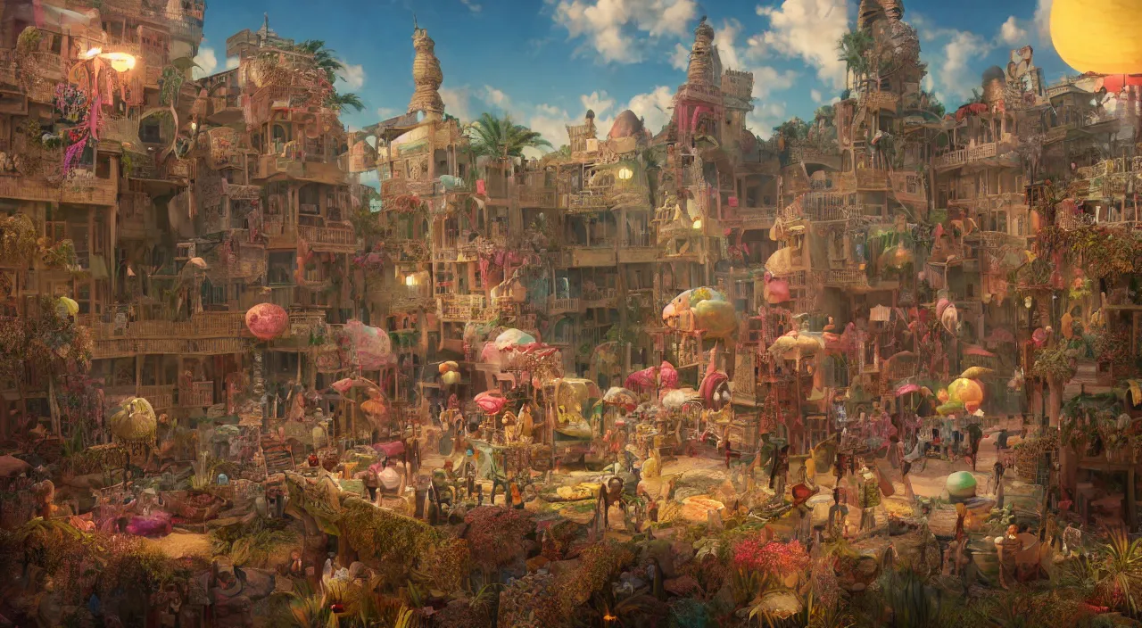 Prompt: bazaar zouk old egypt sky shine epic fantasy by mark ryden and pixar and hayao miyazaki, unreal 5, daz, hyperrealistic, octane render, cosplay, rpg portrait, dynamic lighting, intricate detail, harvest fall vibrancy, cinematic