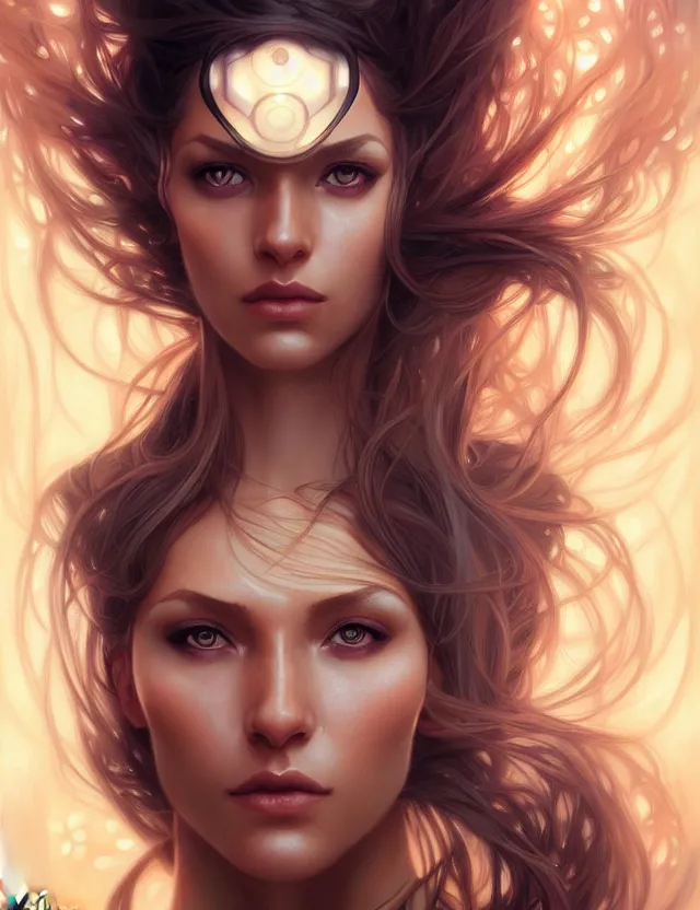 Image similar to futuristic woman portrait, sci-fi, amber eyes, face, long hair, fantasy, intricate, elegant, highly detailed, digital painting, artstation, concept art, smooth, sharp focus, illustration, art by artgerm and greg rutkowski and alphonse mucha