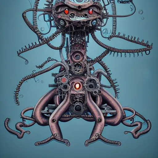 Prompt: a mechanical blueprint of a lovecraftian mechanized funny crazy monster sitting on the tree, wide shot,, muted colors, post grunge, studio ghibli, hq, art by artgem