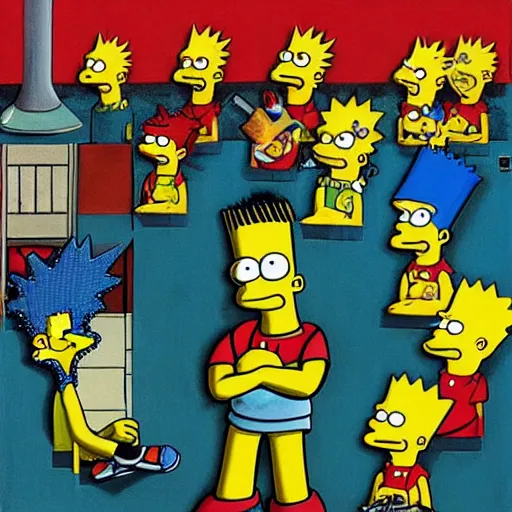 Image similar to Bart Simpson trapped in a Pablo Amaringo painting