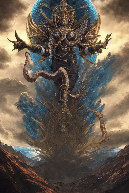 Image similar to an ultra detailed 3 d render of the vishnu as an elden ring boss, epic anime fantasy, 8 k, in the style of a fantasy metal album cover and magic the gathering, volumetric lighting, smooth, highly detailed, digital illustration, octane render, art by albert bierstadt and greg rutkowsi, artstation