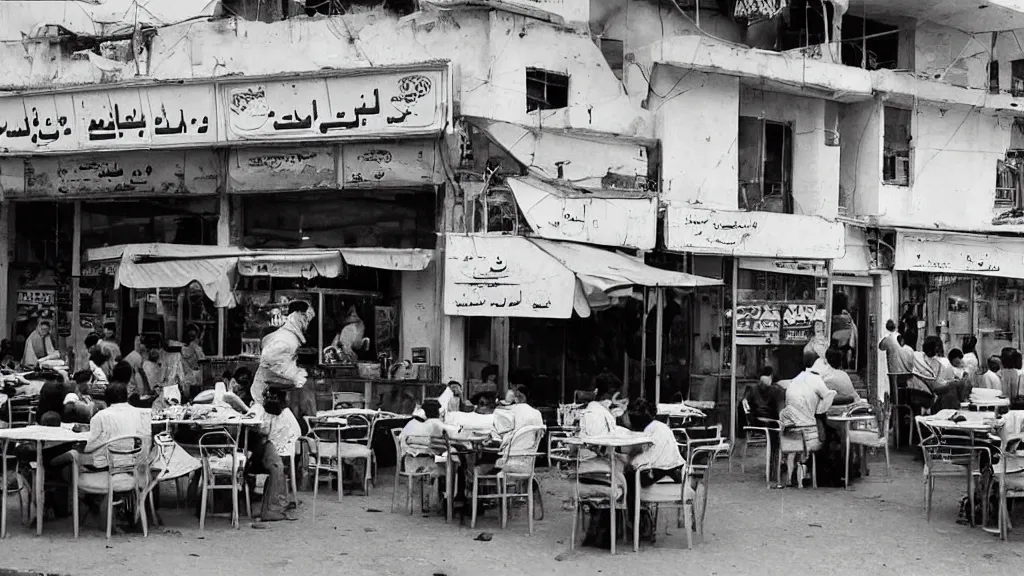 Prompt: photograph of a cafe in central baghdad in the 1 9 6 0 s + fujifilm