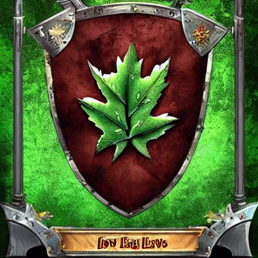 Prompt: green leaves shield, tree roots on the shield, shield made of leaves, epic fantasy style, card game artwork