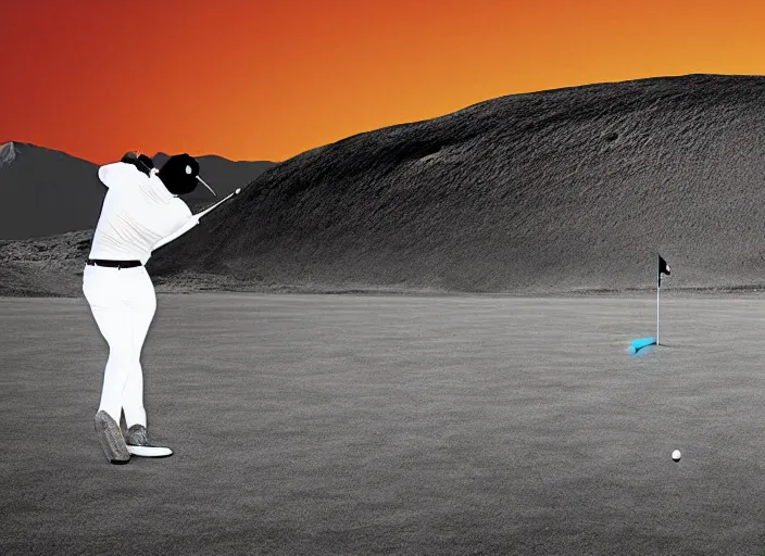 Image similar to portrait of tiger woods playing golf on the planet mars with olympus mons in the background