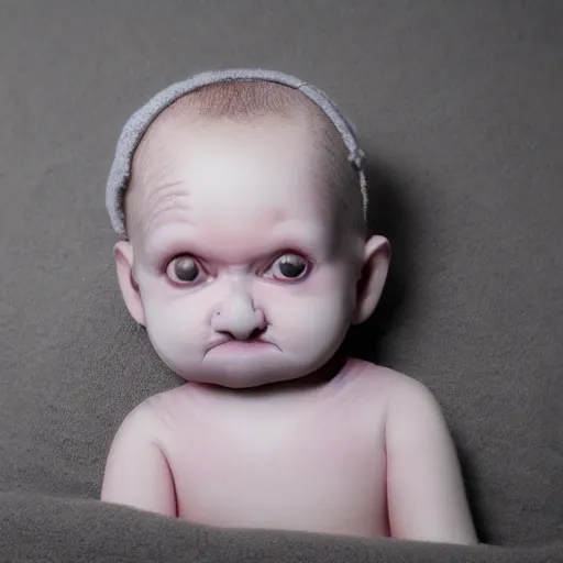 Image similar to soulless baby looking forward, glossy eyes, disfigured, dead appearance, high quality,