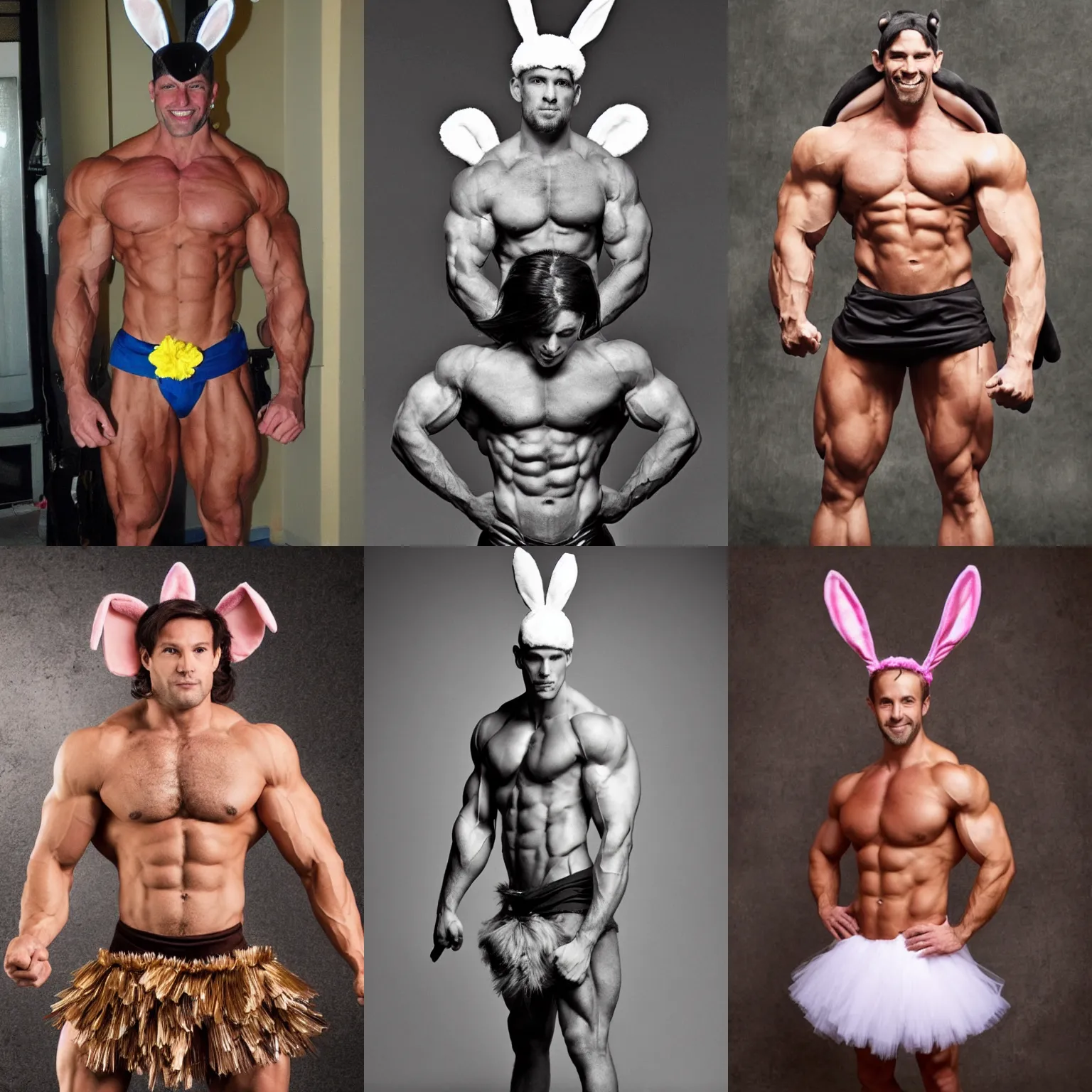 Image similar to A muscular man wearing a tutu and bunny ears.