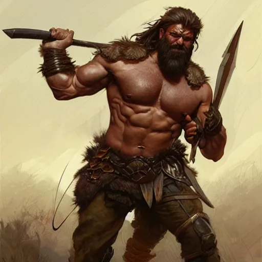 Image similar to a rugged barbarian ranger, handsome, lower body, muscular, exposed thighs, D&D, fantasy, intricate, elegant, highly detailed, digital painting, artstation, concept art, matte, sharp focus, illustration, art by Artgerm and Greg Rutkowski and Alphonse Mucha