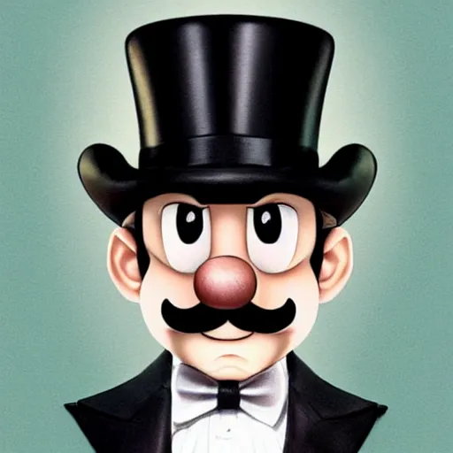 Prompt: hyper realistic dapper fancy luigi wearing a top hat, painted by wlop, artgerm