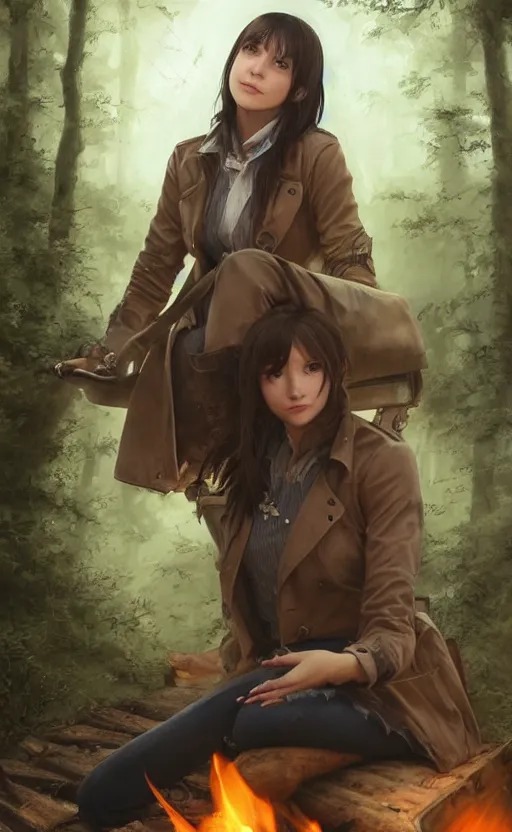 Prompt: a girl from final fantasy live action, with short black hair and green eyes in a tan trenchcoat sitting on a log and drinking tea by the campfire by her dieselpunk motorcycle at night under the stars, evocative, mystical night, very very very very detailed, award winning, masterpiece digital painting by greg rutkowski, alex grey, artstation, 4 k wallpaper