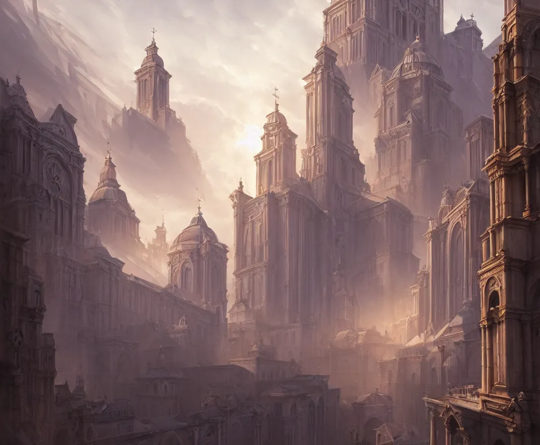 Image similar to highly detailed concept art of authoritarian pearly white medieval city, roman architecture with religious iconography, sunbeams, art by jonathan berube, digital painting, fantasy, d & d, beautiful, illustration