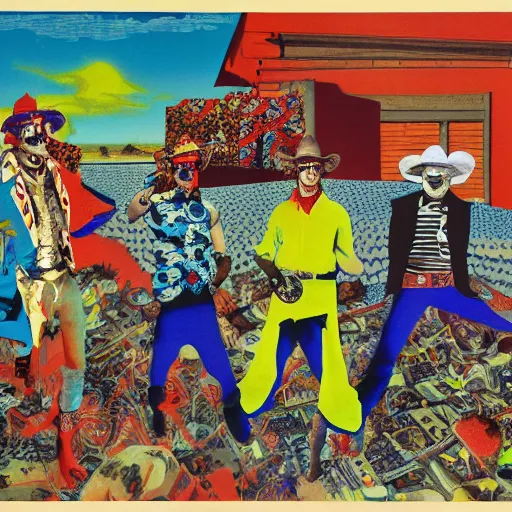 Image similar to Bodacious cowboys such as your friends will never be welcome here high in the clusterdome, mixed media, by Tadanori Yokoo