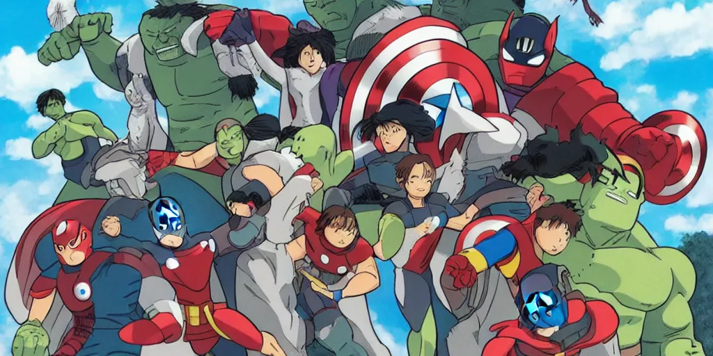 Image similar to studio ghibli image of marvel's the avengers fighting thanos