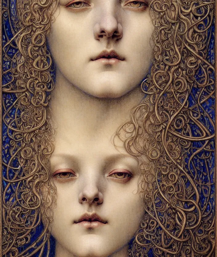 Image similar to detailed realistic beautiful young medieval queen face portrait by jean delville, gustave dore and marco mazzoni, art nouveau, symbolist, visionary, gothic, pre - raphaelite. horizontal symmetry