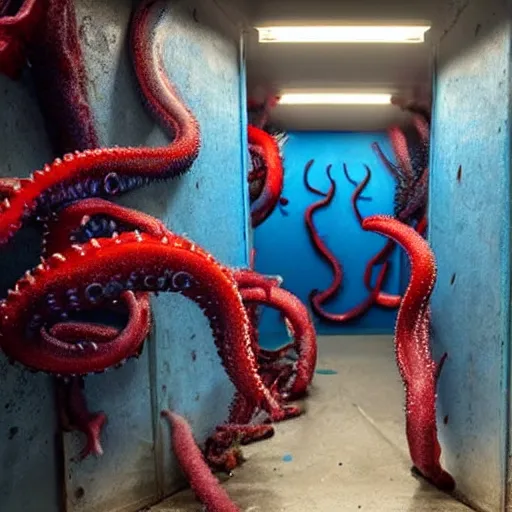 Image similar to cold blue flesh in storage being guarded by red tentacles under fluorescent light, nightmare, horror,