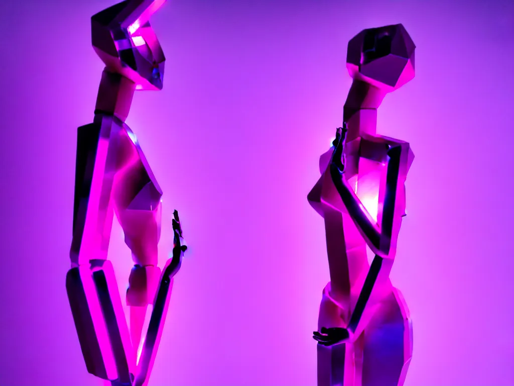 Image similar to beautiful mannequin sculpted out of amethyst by billelis + lit with purple 3 d geometric neon + chrome geometric cubed bonsai plants!!!!, doorway opening with neon pink geometric light, clean linework, dramatic, finely detailed, rule of thirds, moody, confident, award winning, 4 k, trending on artstation, photorealistic, volumetric lighting, octane render