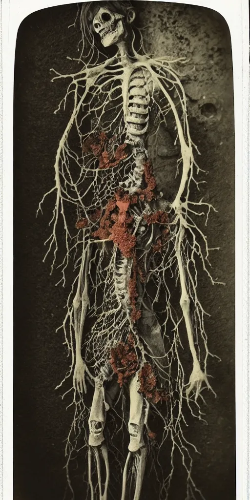 Image similar to an 1 9 1 0 polaroid photography of a very sad and detailed rotten woman corpse with fractal coral reefs and ornate growing all around, muscles, veins, arteries, bones, anatomical, skull, eye, ears, organs, flesh, full body, intricate, surreal, ray caesar, john constable, guy denning, dan hillier, black and white