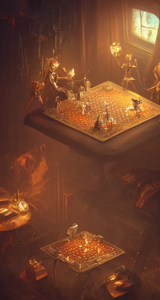 Prompt: a beautiful tapestry, a small robot playing a futuristic holographic chessgame, ultra detailed, dystopian lighting, steampunk, moody, candles, isometric view, characters from machinarium, by don bluth, trending on artstation, octane render, 8 k, ultra realistic