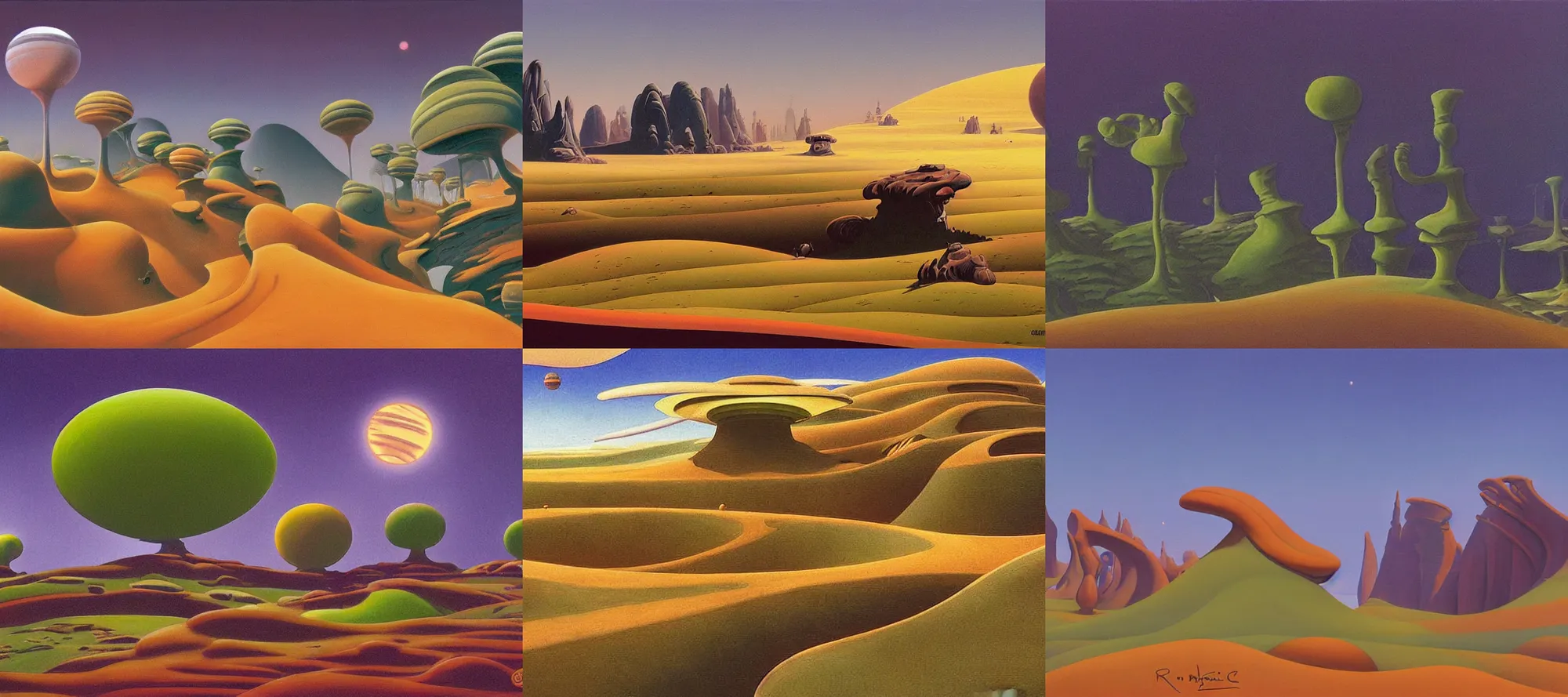 Prompt: carajia landscape in the style of dr. seuss, starships, painting by ralph mcquarrie