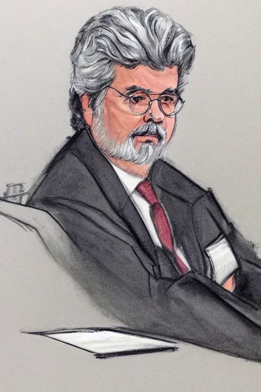 Image similar to courtroom sketch of George Lucas on trial