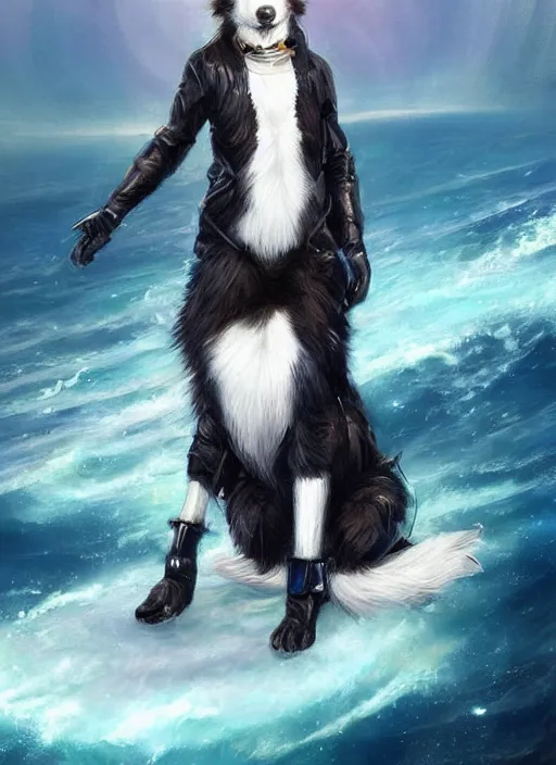 Prompt: beautiful portrait of a cute male anthropomorphic border collie fursona wearing a spacesuit in the ocean. by charlie bowater, henry asencio, and ross tran. scenic background, detailed, concept art, detailed hands, glamor pose, aesthetic, trending on artstation, top rated on furaffinity and deviantart