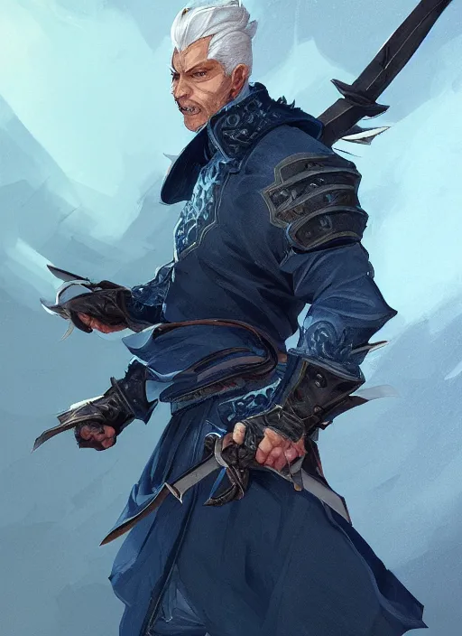 Prompt: a highly detailed illustration of furious short slick back white haired man wearing dark blue coat, bright blue eyes, heroic dramatic wielding katana pose, intricate, elegant, highly detailed, centered, digital painting, artstation, concept art, smooth, sharp focus, league of legends concept art, wlop