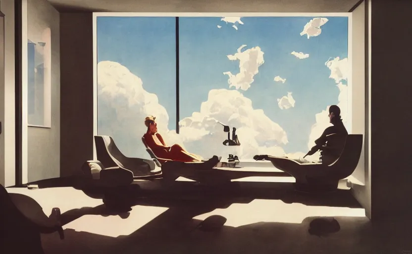 Image similar to a futuristic minimalist lounge room with a big window opening up to a wide open meadow with billowing clouds in the sky. highly detailed science fiction painting by norman rockwell, frank frazetta, and syd mead. rich colors, high contrast, gloomy atmosphere. trending on artstation.