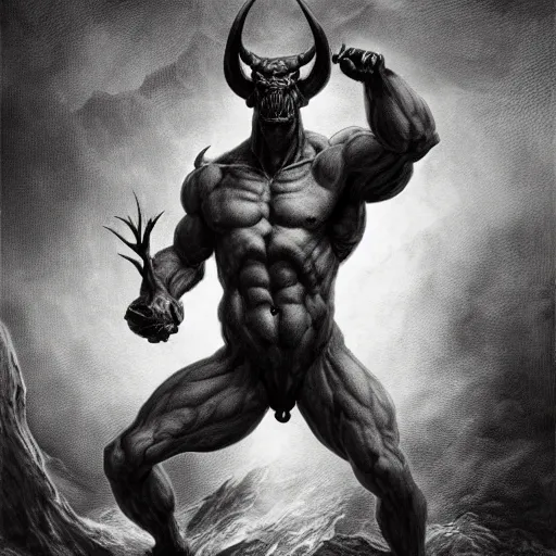 Image similar to full body, grayscale, James Daly, Gustave Dore, muscled humanoid balrog demon, horns, claws, large horned tail, heroic pose, swirling flames