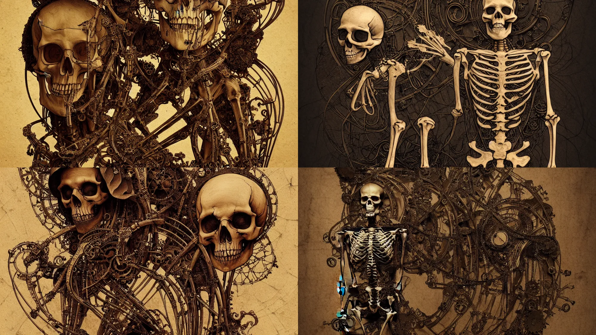 Prompt: Skeleton, by Leonardo DaVinci, Steampunk, dark color paper, elaborate ink illustration, art Nouveau, Alfons Maria Mucha, featured in artstation, octane render, cinematic, elegant, intricate, 8k