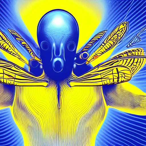 Image similar to human man that resembles a wasp morh in surreal sketch style, blue and yellow gradient, noise, ultrafine detail, hd 8k, logo illustration