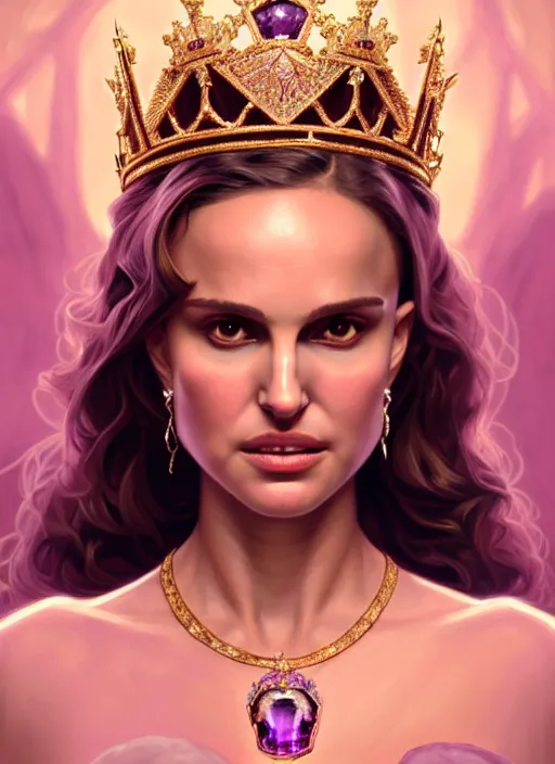 Image similar to portrait of natalie portman as a queen, throne, jewelry, greek, amethyst, intricate, headshot, highly detailed, digital painting, artstation, concept art, sharp focus, cinematic lighting, illustration, art by artgerm and greg rutkowski, alphonse mucha, cgsociety