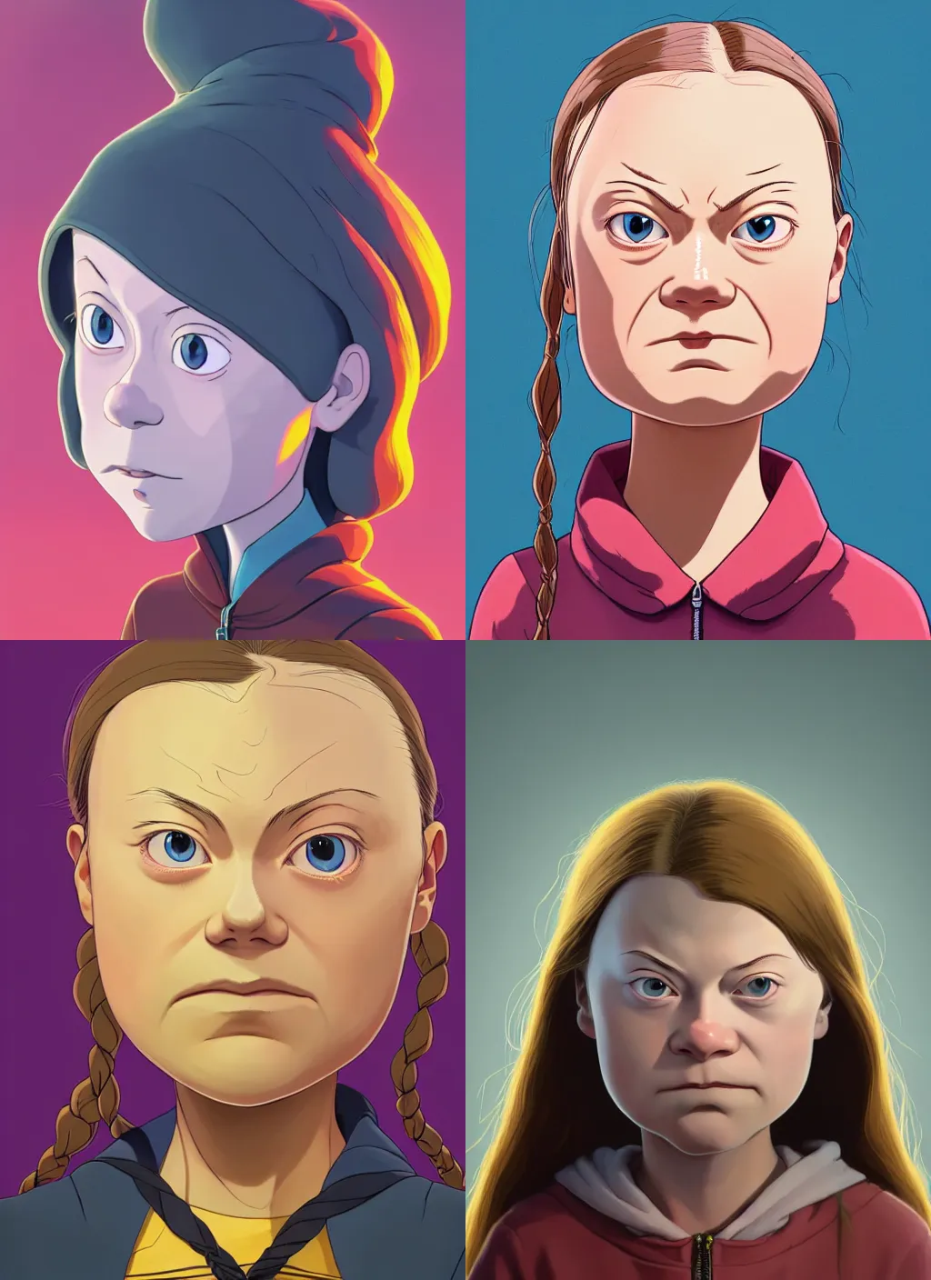 Prompt: centered!! macro head portrait of furious mad disgusted queen greta thunberg, artstation, detailed cartoon, elegant, digital painting, concept art, smooth, sharp focus, illustration, ghibli, makoto shinkai, don bluth, fujita goro, jean giraud, akihiko yoshida, tom whalen 8 k